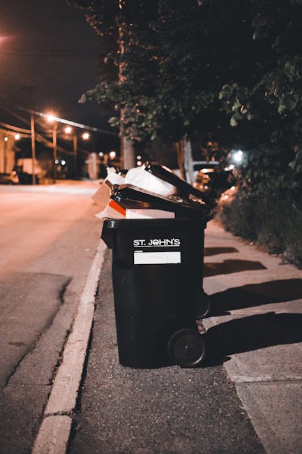 A black plastic waste bin with a white label, positioned on a paved sidewalk beside a street at night. The bin is partially open, revealing discarded cardboard boxes and paper waste inside. The bin has the label 'ST. JOHN'S' printed in white, and its wheels are visible at the base. In the background, streetlights cast a warm glow over the empty road, with some parked cars and trees lining the street. Shadows of the bin and nearby foliage are cast onto the pavement. The scene captures an urban environment in the evening, illustrating common settings for private rubbish collection or on-site waste management, with the bin ready for collection or disposal, fitting within the context of rubbish removal services like those provided by Rubbish Removal Hounslow.